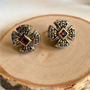 Vintage- MX signed Maltese Etruscan Cross with Topaz & Mixed Metals